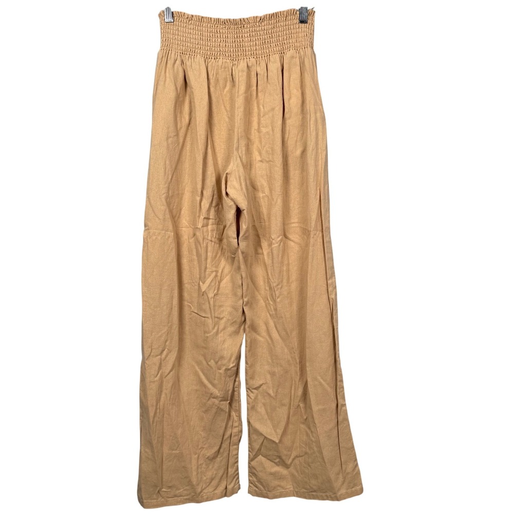 Bebop Women L Wide Leg Linen Blend Pants Beige Smock Waist Casual Comfy Coastal
